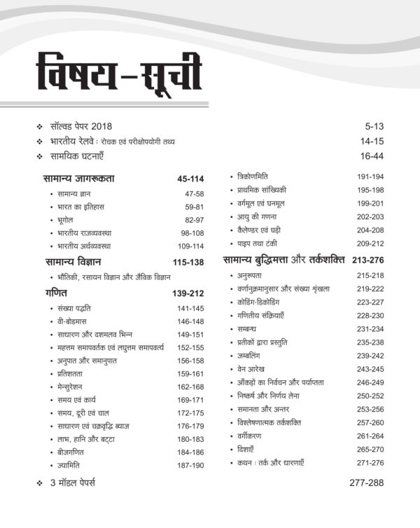 Index of RRB NTPC Exam Book 2019 in hindi